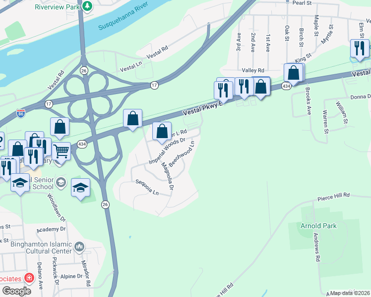 map of restaurants, bars, coffee shops, grocery stores, and more near 1005 Beechwood Lane in Vestal