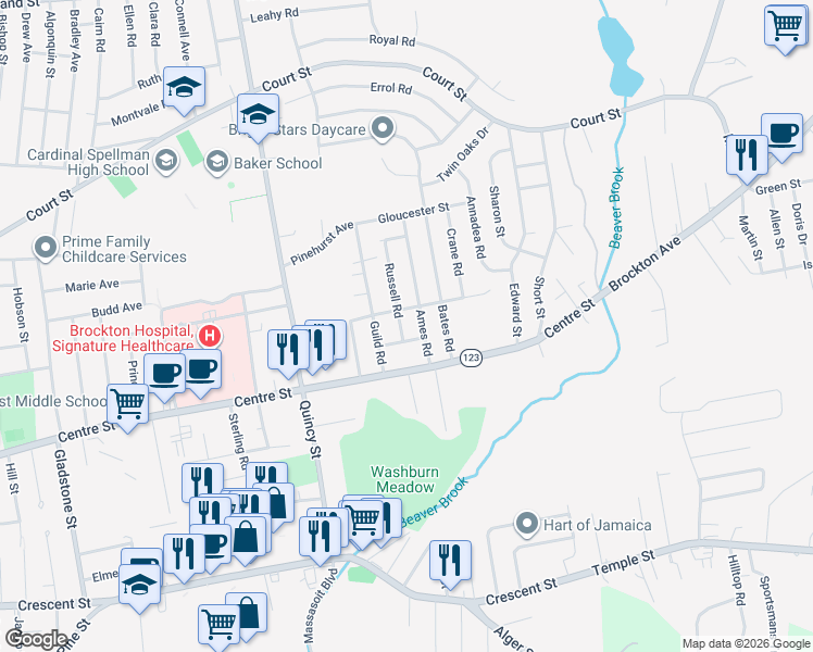 map of restaurants, bars, coffee shops, grocery stores, and more near 36 Ames Road in Brockton