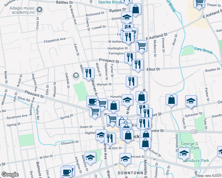 map of restaurants, bars, coffee shops, grocery stores, and more near 24 Turner Street in Brockton