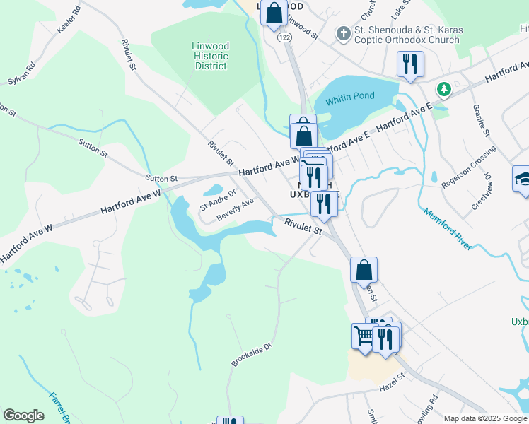 map of restaurants, bars, coffee shops, grocery stores, and more near 60 Rivulet Street in Uxbridge