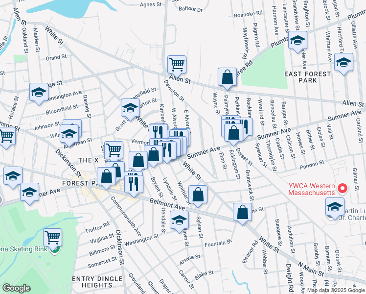 map of restaurants, bars, coffee shops, grocery stores, and more near 22 West Alvord Street in Springfield