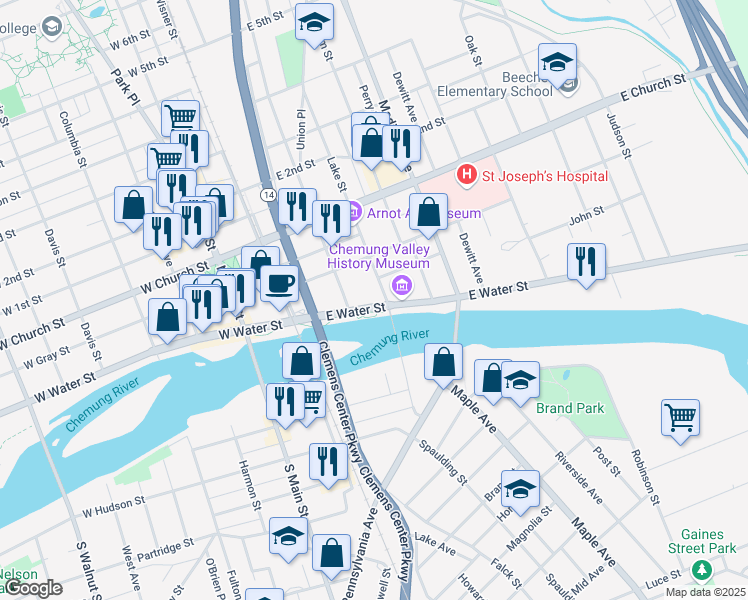 map of restaurants, bars, coffee shops, grocery stores, and more near 331 East Water Street in Elmira