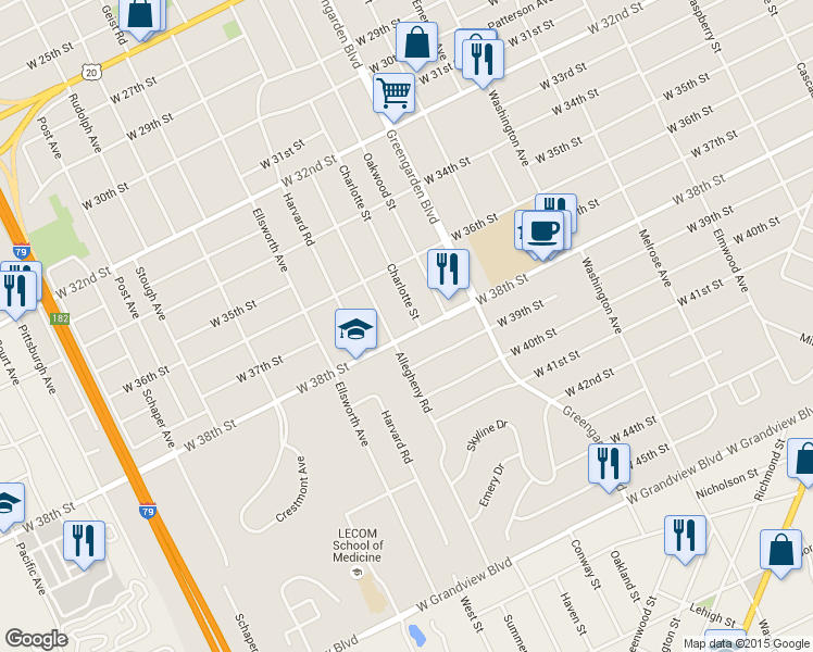 map of restaurants, bars, coffee shops, grocery stores, and more near 1712 W 38th St in Erie