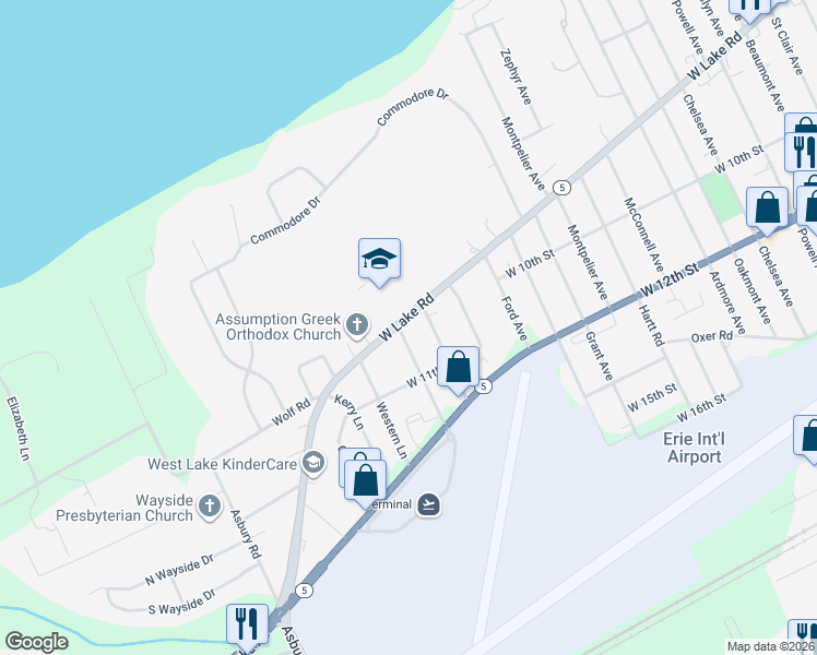 map of restaurants, bars, coffee shops, grocery stores, and more near 4321 W Lake Rd in Erie