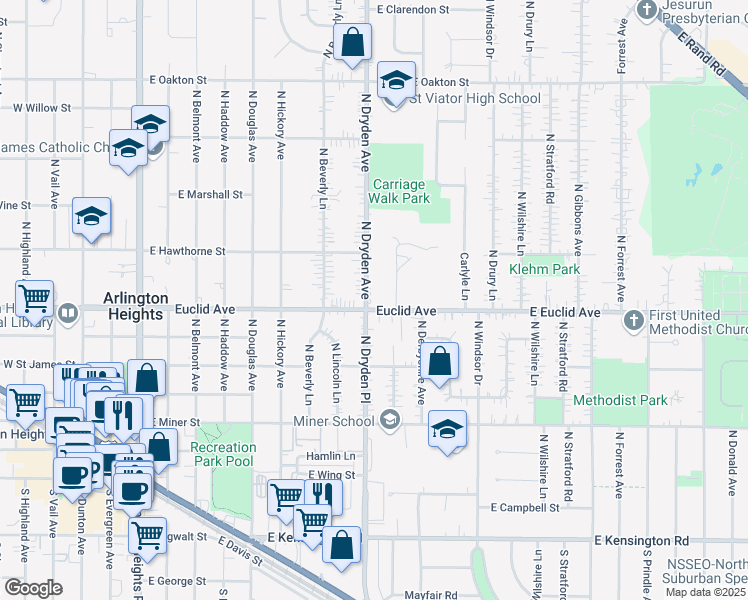 map of restaurants, bars, coffee shops, grocery stores, and more near 601 North Dryden Avenue in Arlington Heights