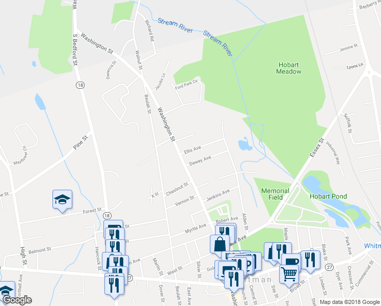 map of restaurants, bars, coffee shops, grocery stores, and more near 25 Ellis Avenue in Whitman