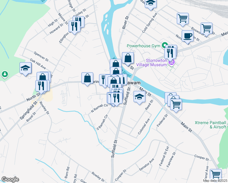 map of restaurants, bars, coffee shops, grocery stores, and more near 1-25 Agawam Shopping Court in Agawam