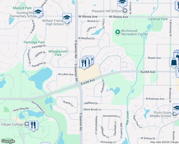 map of restaurants, bars, coffee shops, grocery stores, and more near 720 West Euclid Avenue in Palatine