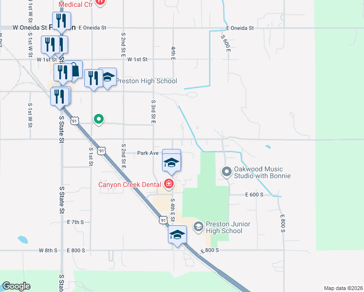 map of restaurants, bars, coffee shops, grocery stores, and more near 422 East 4th South in Preston