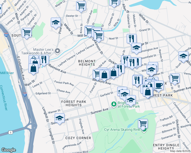 map of restaurants, bars, coffee shops, grocery stores, and more near 13 Keith Street in Springfield