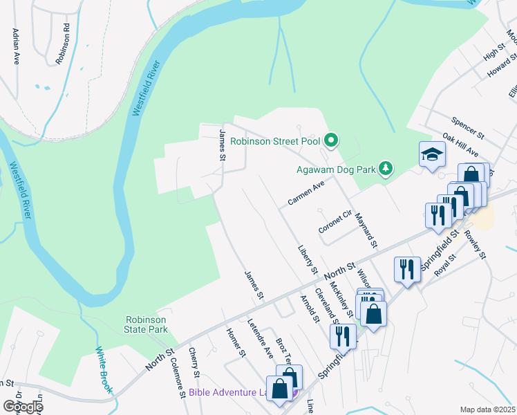 map of restaurants, bars, coffee shops, grocery stores, and more near 100 Oak Lane in Agawam