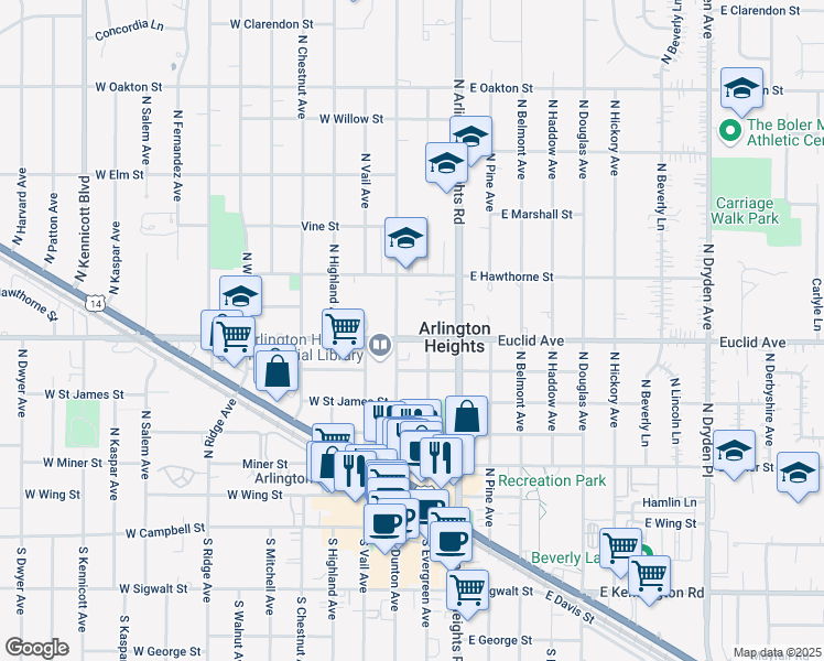 map of restaurants, bars, coffee shops, grocery stores, and more near 8 East Euclid Avenue in Arlington Heights