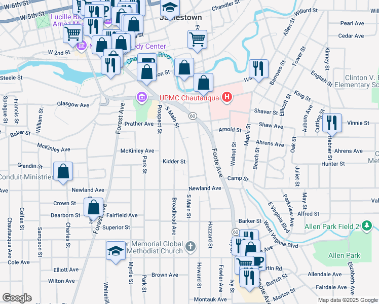 map of restaurants, bars, coffee shops, grocery stores, and more near 199 South Main Street in Jamestown