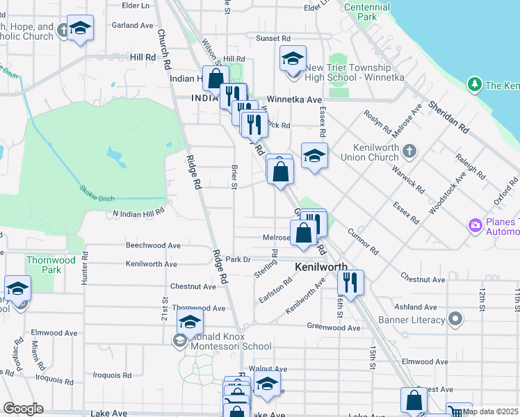 map of restaurants, bars, coffee shops, grocery stores, and more near 535 Exmoor Rd in Kenilworth