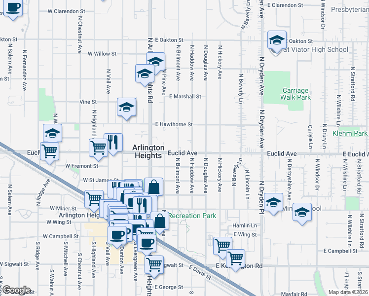 map of restaurants, bars, coffee shops, grocery stores, and more near 316 East Euclid Avenue in Arlington Heights