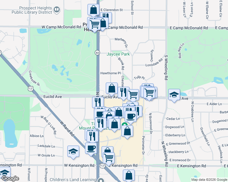 map of restaurants, bars, coffee shops, grocery stores, and more near 213 South Maple Lane in Prospect Heights