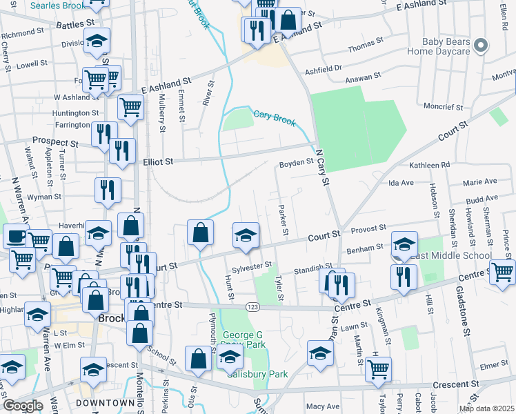 map of restaurants, bars, coffee shops, grocery stores, and more near 49 Taber Avenue in Brockton