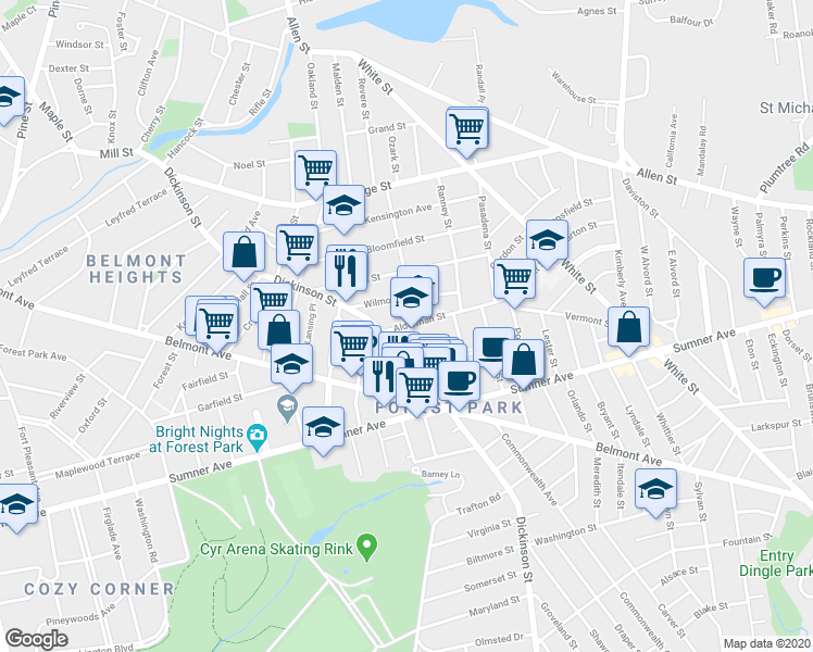 map of restaurants, bars, coffee shops, grocery stores, and more near 31 Alderman Street in Springfield