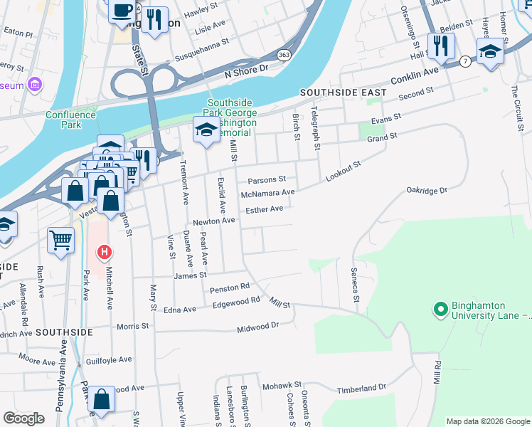 map of restaurants, bars, coffee shops, grocery stores, and more near 12 Esther Avenue in Binghamton