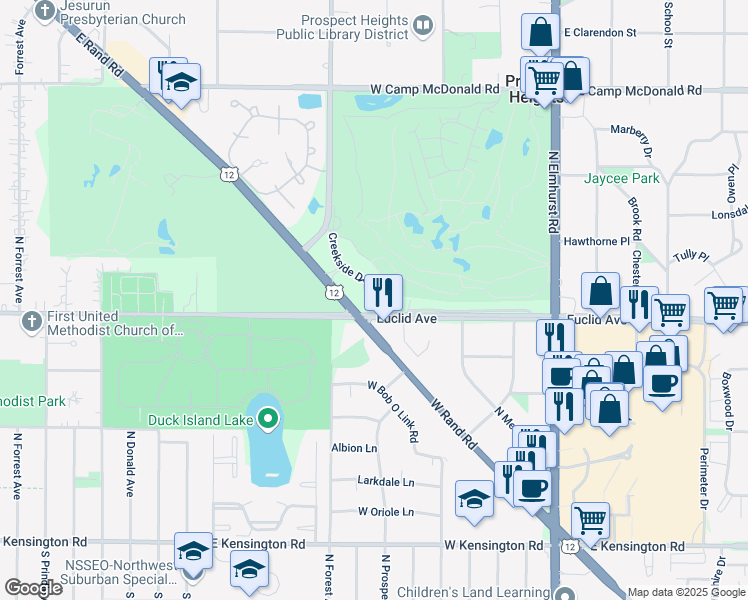 map of restaurants, bars, coffee shops, grocery stores, and more near in Mount Prospect