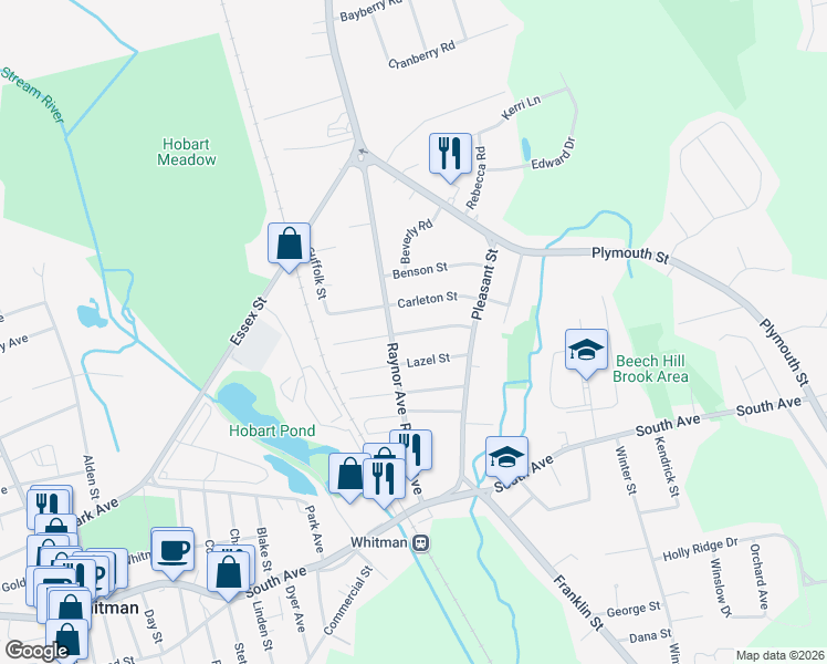 map of restaurants, bars, coffee shops, grocery stores, and more near 62 Whidden Avenue in Whitman
