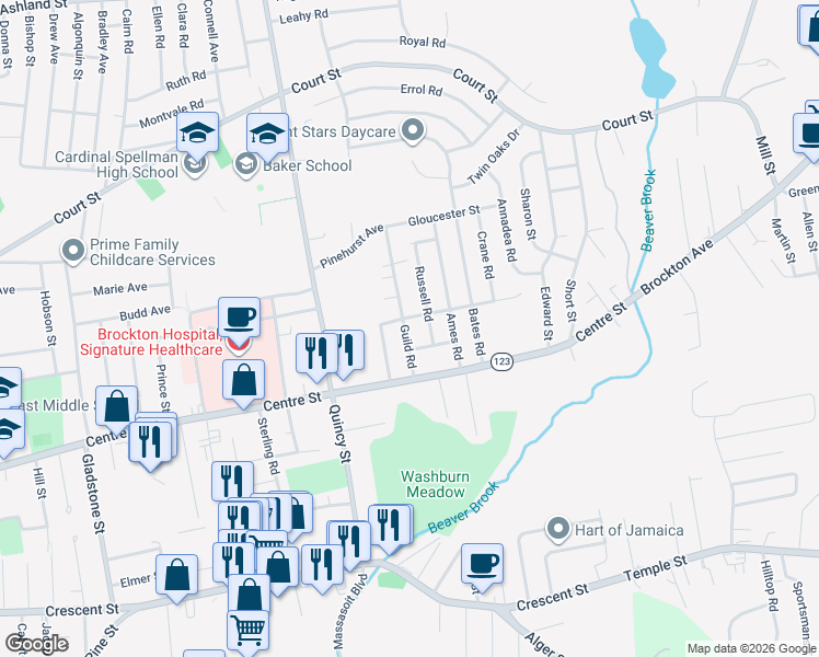 map of restaurants, bars, coffee shops, grocery stores, and more near 41 Guild Road in Brockton
