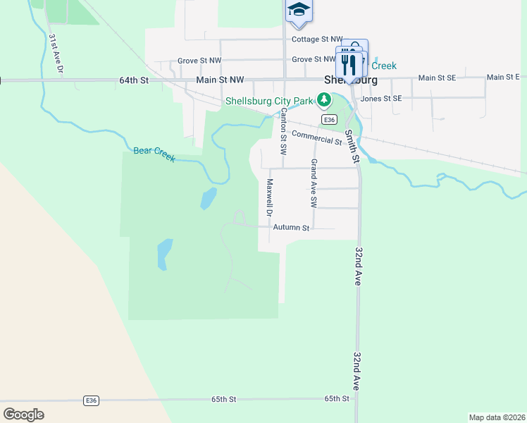 map of restaurants, bars, coffee shops, grocery stores, and more near 216 Maxwell Drive in Shellsburg