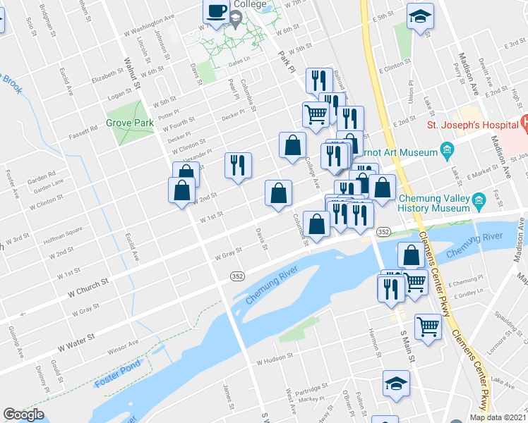 map of restaurants, bars, coffee shops, grocery stores, and more near 374 West Church Street in Elmira