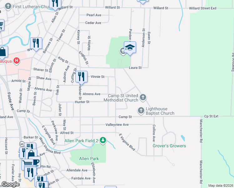 map of restaurants, bars, coffee shops, grocery stores, and more near 1 Laurie Lane in Jamestown