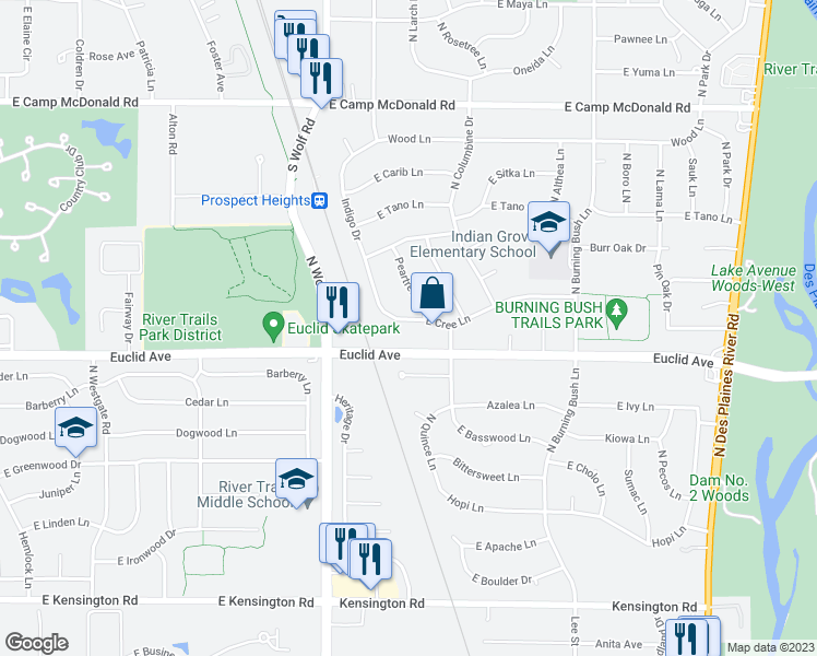map of restaurants, bars, coffee shops, grocery stores, and more near 1767 East Cree Lane in Mount Prospect