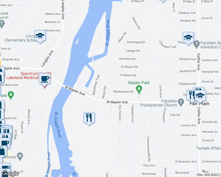 map of restaurants, bars, coffee shops, grocery stores, and more near 661 Montezuma Road in Benton Harbor