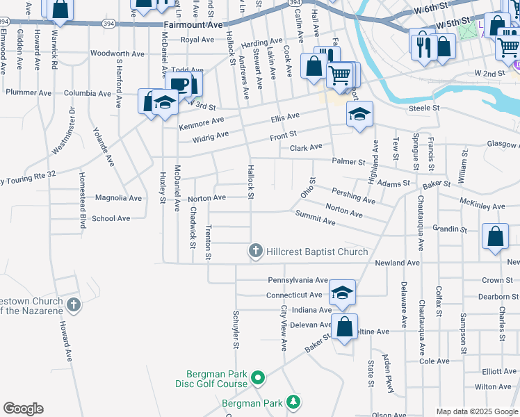 map of restaurants, bars, coffee shops, grocery stores, and more near 230 Summit Avenue in Jamestown