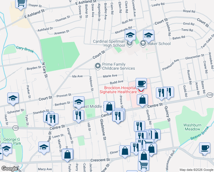 map of restaurants, bars, coffee shops, grocery stores, and more near 87 Howland Street in Brockton