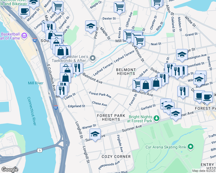 map of restaurants, bars, coffee shops, grocery stores, and more near 130-132 Belmont Avenue in Springfield