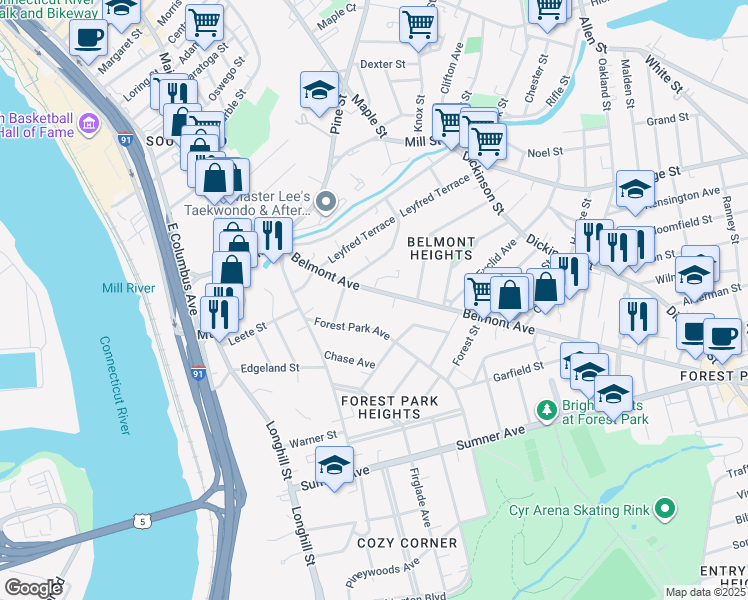 map of restaurants, bars, coffee shops, grocery stores, and more near 130-132 Belmont Avenue in Springfield