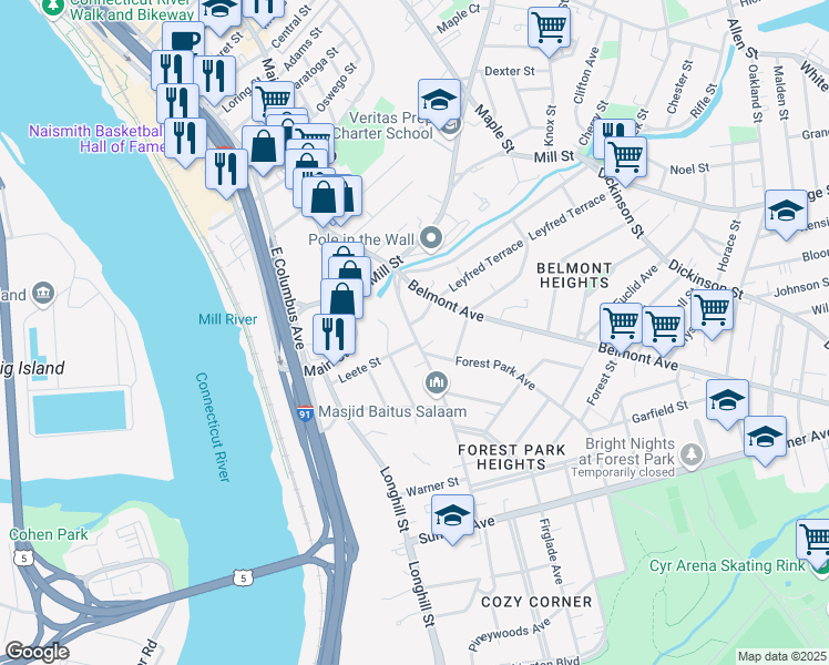 map of restaurants, bars, coffee shops, grocery stores, and more near 77 Fort Pleasant Avenue in Springfield