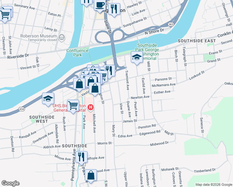 map of restaurants, bars, coffee shops, grocery stores, and more near 15 Vine Street in Binghamton