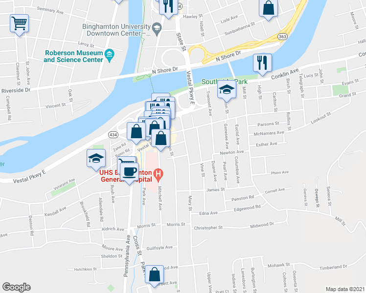map of restaurants, bars, coffee shops, grocery stores, and more near 50 Mary Street in Binghamton