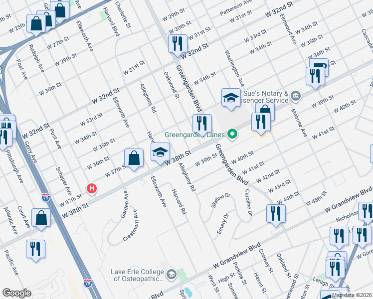 map of restaurants, bars, coffee shops, grocery stores, and more near 1712 West 38th Street in Erie
