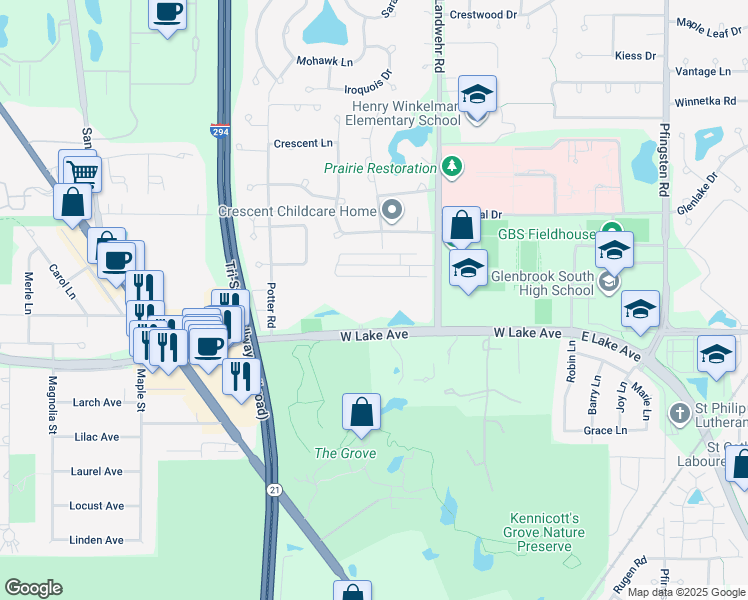 map of restaurants, bars, coffee shops, grocery stores, and more near 4250 West Lake Avenue in Glenview