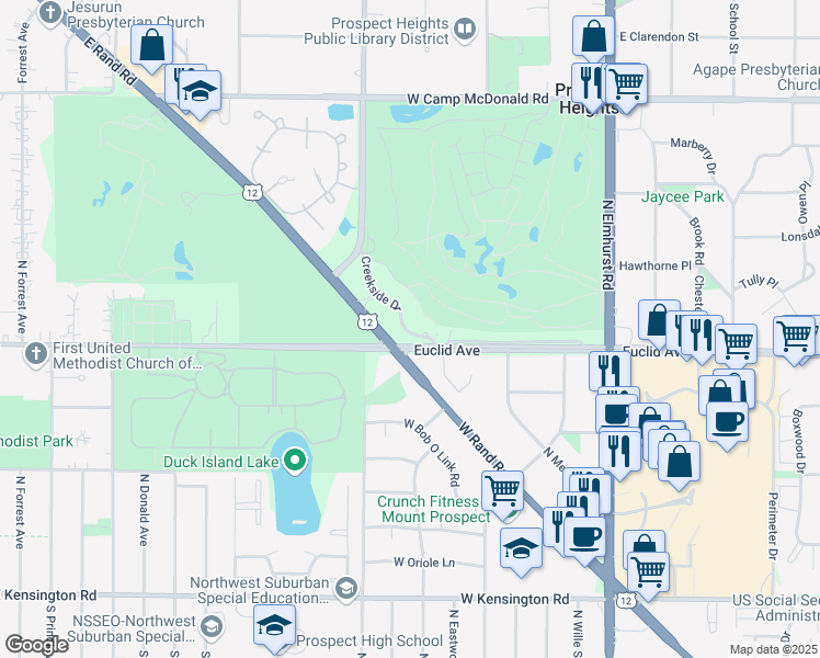 map of restaurants, bars, coffee shops, grocery stores, and more near in Mount Prospect