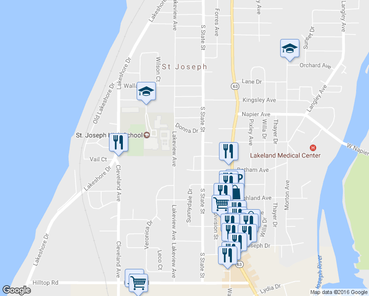 map of restaurants, bars, coffee shops, grocery stores, and more near 2609 Lakeview Avenue in St. Joseph