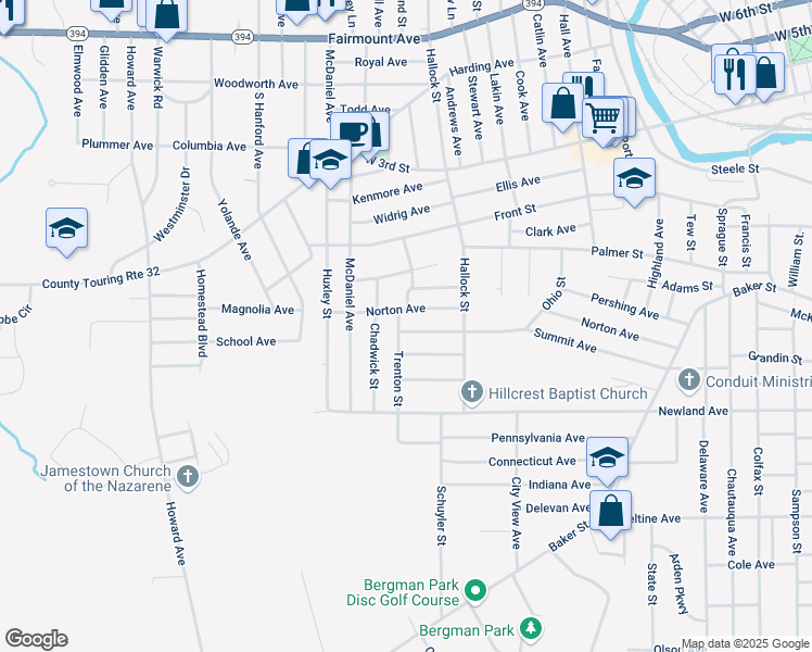 map of restaurants, bars, coffee shops, grocery stores, and more near 340 Summit Avenue in Jamestown