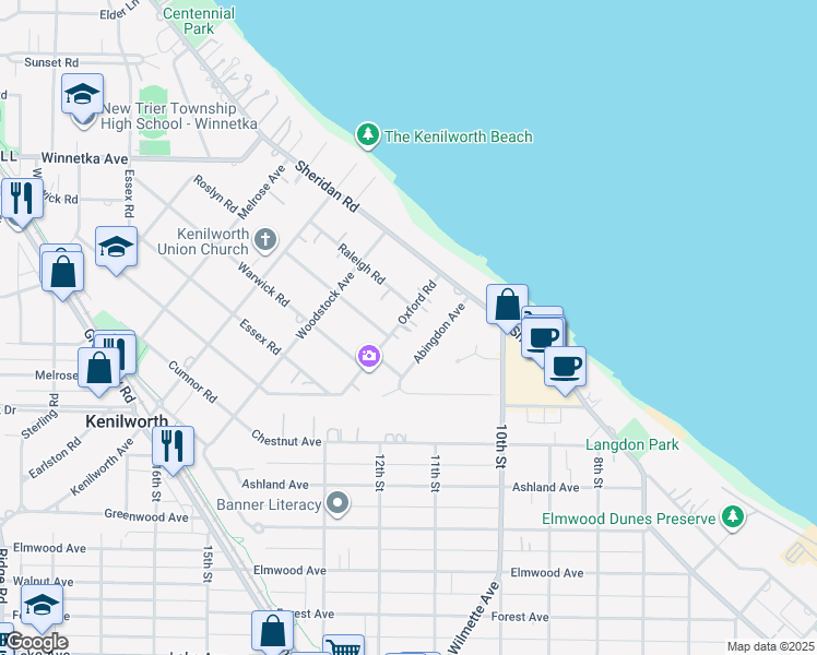 map of restaurants, bars, coffee shops, grocery stores, and more near 150 Oxford Road in Kenilworth