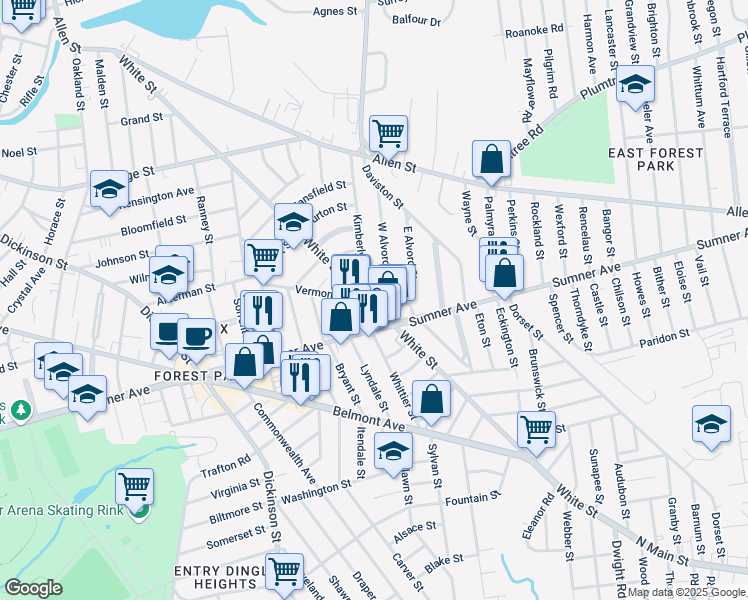 map of restaurants, bars, coffee shops, grocery stores, and more near 413 White Street in Springfield