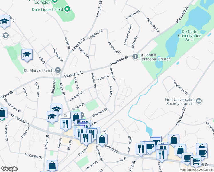 map of restaurants, bars, coffee shops, grocery stores, and more near 87 Park Road in Franklin