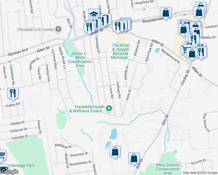 map of restaurants, bars, coffee shops, grocery stores, and more near 149 Louis Road in Springfield