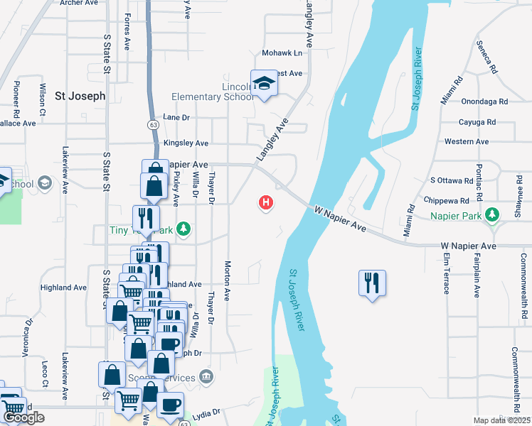 map of restaurants, bars, coffee shops, grocery stores, and more near 1234 Napier Avenue in St. Joseph
