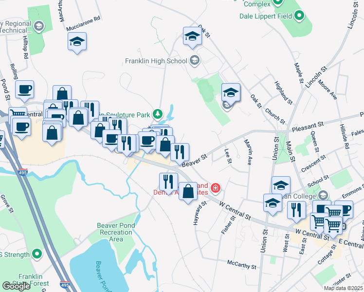 map of restaurants, bars, coffee shops, grocery stores, and more near 46 Raymond Street in Franklin