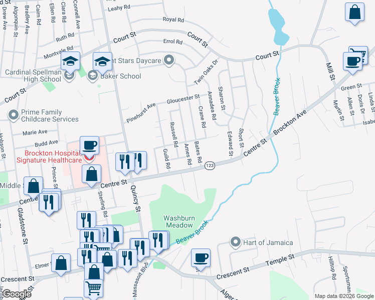 map of restaurants, bars, coffee shops, grocery stores, and more near 36 Ames Road in Brockton